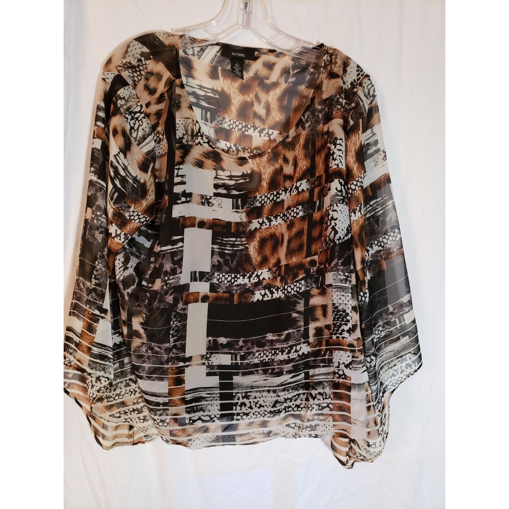 Women's Alfani Brown Black And White Bell Sleeves Blouse Size L